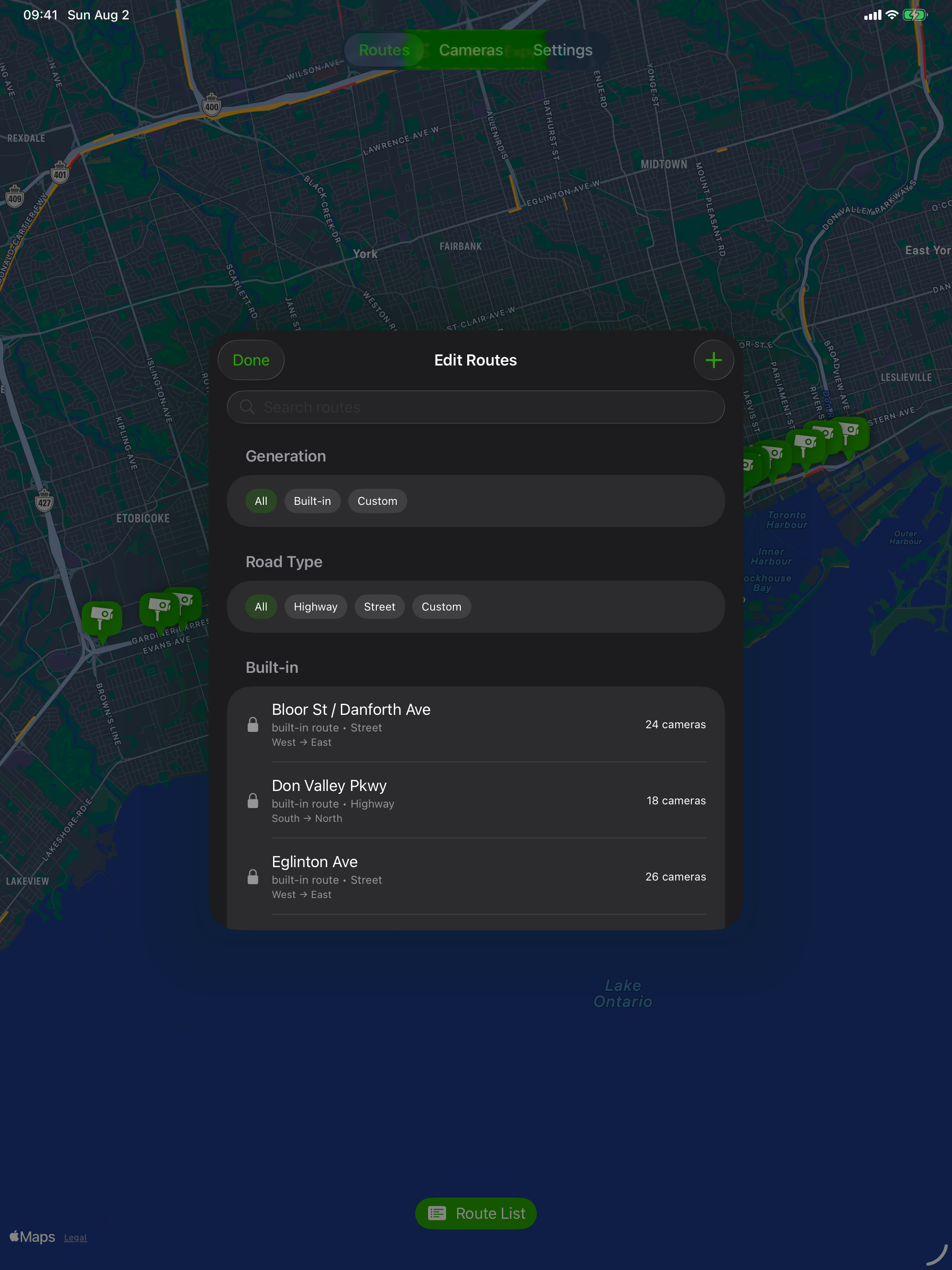 Route management screenshot