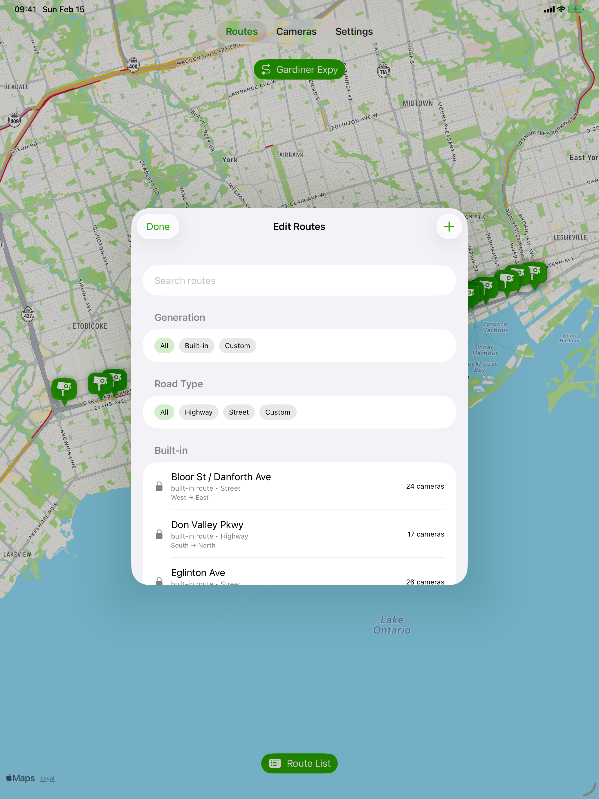 Route management screenshot