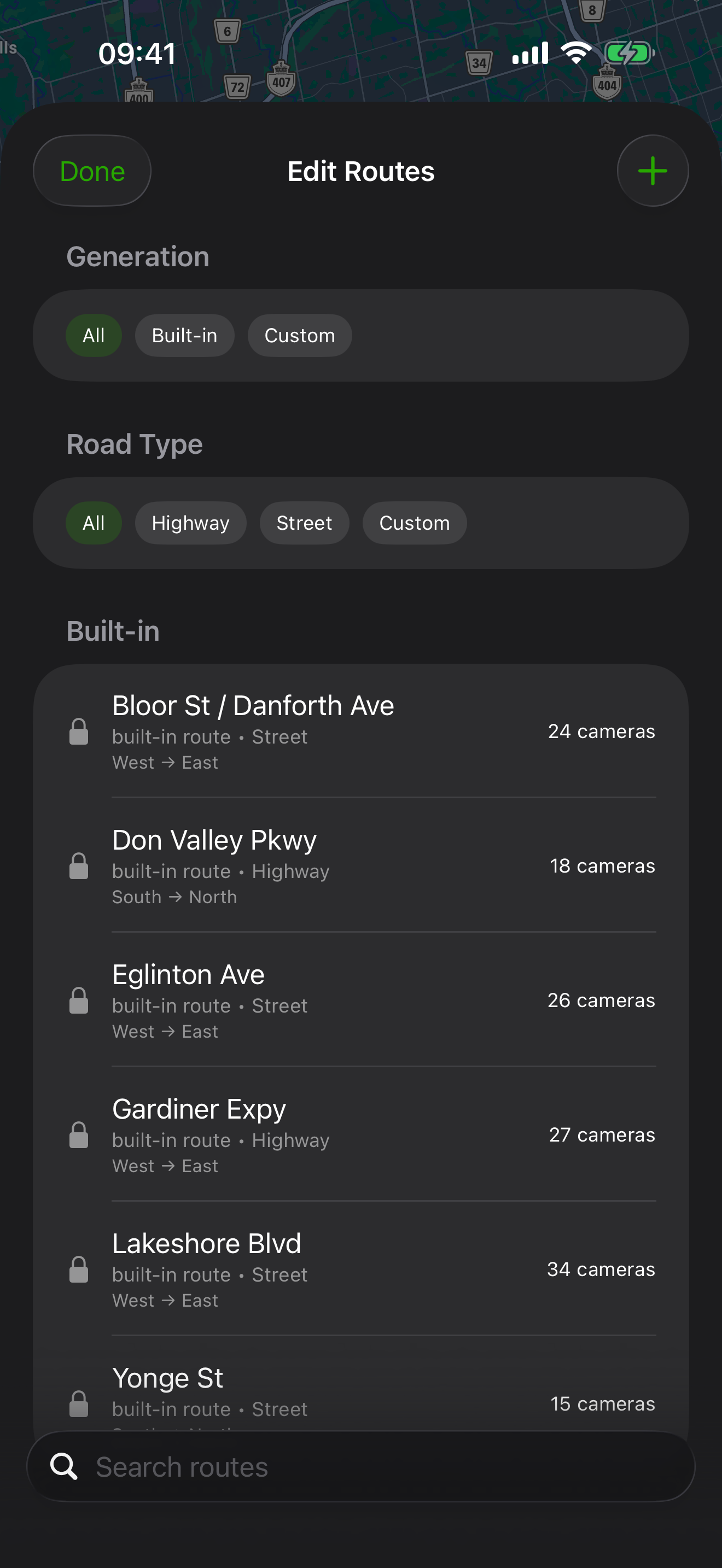 Route management screenshot